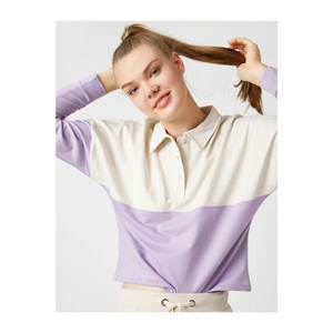 Koton Women's Purple Cotton Shirt Collar Color-Blocked T-Shirt vyobraziť