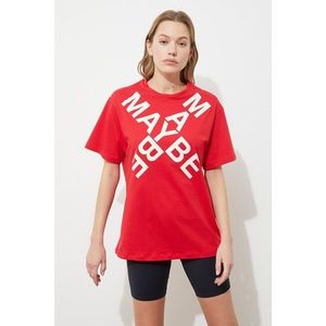 Trendyol Red Printed Boyfriend Knitted T-Shirt vyobraziť