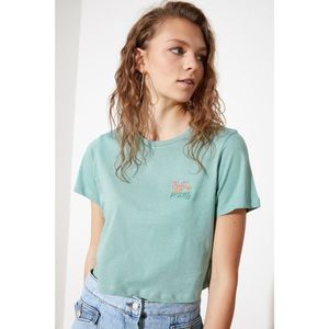 Trendyol Mint Embroidered Crop Knitted T-Shirt vyobraziť