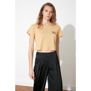 Trendyol Camel Embroidered Crop Knitted T-Shirt vyobraziť
