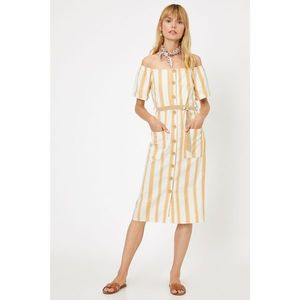 Koton Women's Yellow Shoulder Light Short Sleeve Striped Midi Dress vyobraziť