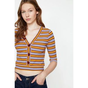 Koton Women's Yellow V Collar Short Sleeve Striped T-Shirt vyobraziť