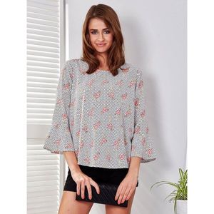 Ecru women´s blouse with flamingos and polka dots vyobraziť