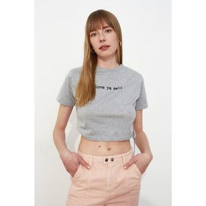 Trendyol Gray Printed Side Assynx Crop Knitted T-Shirt vyobraziť