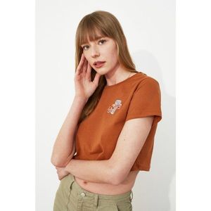 Trendyol Brown Embroidered Crop Knitted T-Shirt vyobraziť