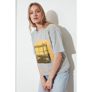 Trendyol Grey Printed Loose Knitted T-Shirt vyobraziť