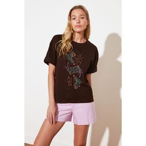 Trendyol Brown Printed Loose Knitted T-Shirt vyobraziť