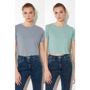 Trendyol Gray-Mint 100% Cotton Bike Collar 2 Pack Crop Knitted T-Shirt vyobraziť