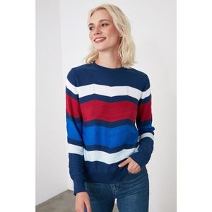Trendyol Navy Zigzag Striped Knitwear Sweater vyobraziť
