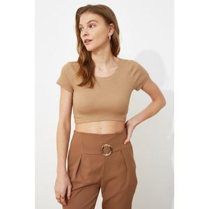 Trendyol Camel Front Oval Crop Wick Knitted Blouse vyobraziť