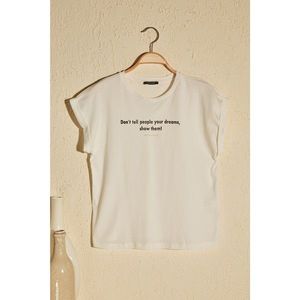 Trendyol Ekru Printed Basic Knitted T-Shirt vyobraziť