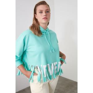 Trendyol Mint Printed Tassel Detailed Oversize Hooded Knitted Sweatshirt vyobraziť