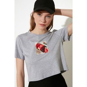 Trendyol Grey Printed Crop Knitted T-Shirt vyobraziť