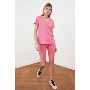 Trendyol Pink 100% Cotton V Collar Basic Knitted T-Shirt vyobraziť