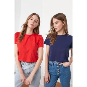 Trendyol Navy-Red 100% Cotton Bike Collar 2 Pack Crop Knitted T-Shirt vyobraziť