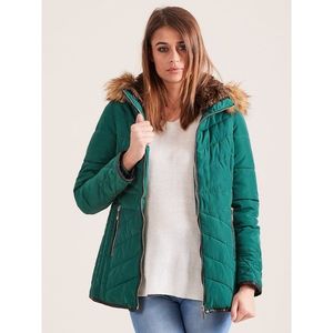 Green quilted winter jacket with fur hood vyobraziť