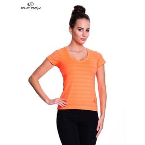 Fluorescent orange striped sports t-shirt for women vyobraziť