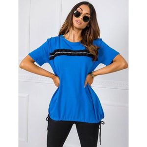Dark blue blouse with an application and drawstrings vyobraziť
