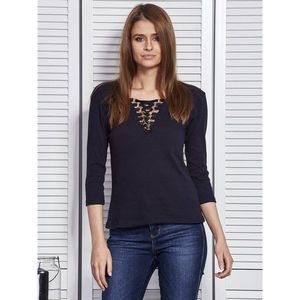 Women´s navy blue blouse with a lace up neckline vyobraziť