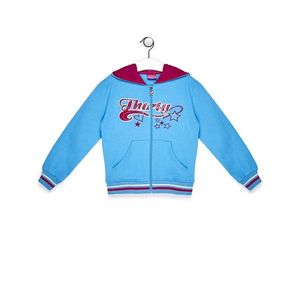 A blue sweatshirt for a girl with a colorful print vyobraziť