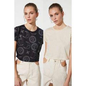 Trendyol Beige-Multicolor 2 Pack Crop Knitted T-Shirt vyobraziť