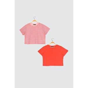 Trendyol Red-Multicolored 100% Cotton Bike Collar 2 Pack Crop Knitted T-Shirt vyobraziť