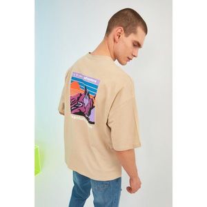 Trendyol Stone Men Oversize Bike Collar Short Sleeve Printed T-Shirt vyobraziť
