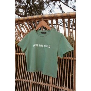 Trendyol Green Printed 100% Organic Cotton Crop Knitted T-Shirt vyobraziť