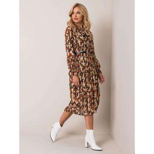 Khaki brown pleated dress with patterns vyobraziť