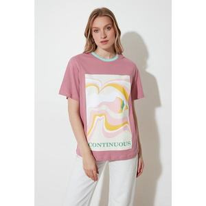Trendyol Rose Dry Boyfriend Printed Knitted T-Shirt vyobraziť