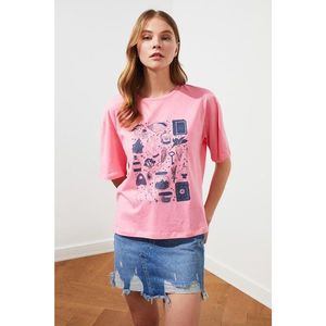 Trendyol Pink Printed Loose Knitted T-Shirt vyobraziť