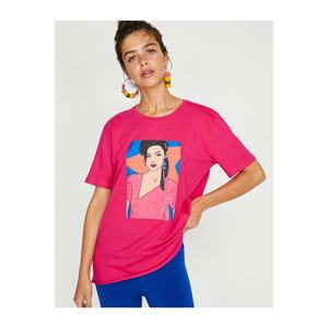 Koton Women's Pink Patterned Short Sleeve Bike Collar T-Shirt vyobraziť