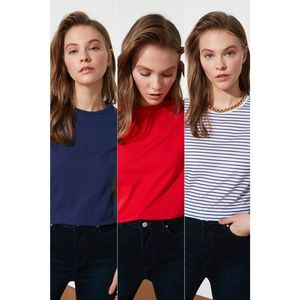 Trendyol Multicolor Striped Navy and Red 3 Pack Bike Collar Basic Knitted T-Shirt vyobraziť