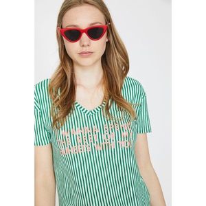 Koton Women's Green V Neck Short Sleeve Striped T-Shirt vyobraziť