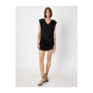 Koton Women's Black V Neck Short Sleeve Lace-up Drape-Look Mini Dress vyobraziť