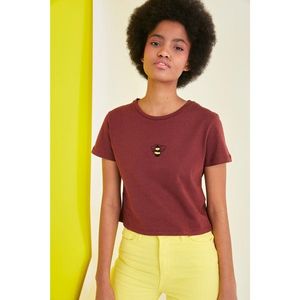 Trendyol Brown Embroidered Crop Knitted T-Shirt vyobraziť