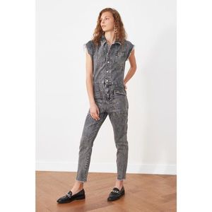 Trendyol Gray Sleeve Tasseled Denim Overalls vyobraziť