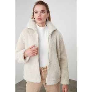 Trendyol Ekru Upright Collar Zip-Up Fur Coat vyobraziť