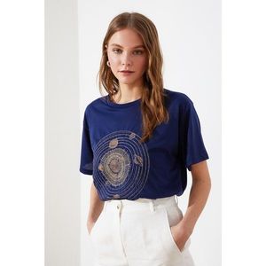 Trendyol Indigo Printed Boyfriend Knitted T-Shirt vyobraziť