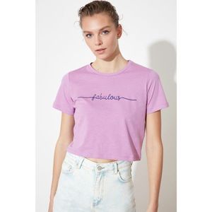 Trendyol Lilac Crop Printed Knitted T-Shirt vyobraziť
