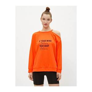Koton Women's Orange Slogan Detailed Crew Neck Off The Shoulder Sweatshirt vyobraziť