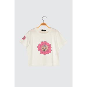 Trendyol Ecru Printed Crop Knitted T-Shirt vyobraziť