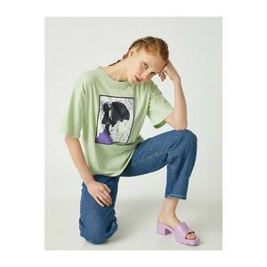 Koton Women's Green Short Sleeve Printed Cotton T-Shirt vyobraziť