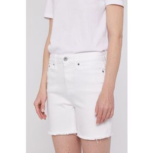Rifľové krátke nohavice Dkny dámske, biela farba, jednofarebné, vysoký pás vyobraziť