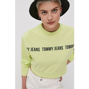 Bavlnená mikina Tommy Jeans dámska, zelená farba, s potlačou vyobraziť