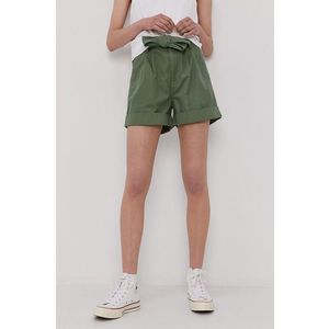 Šortky Tommy Jeans dámske, zelená farba, jednofarebné, vysoký pás vyobraziť