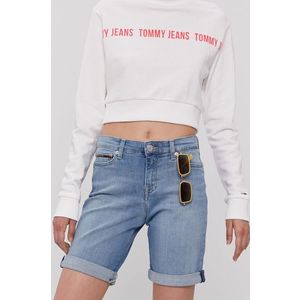 Rifľové krátke nohavice Tommy Jeans dámske, jednofarebné, stredne vysoký pás vyobraziť