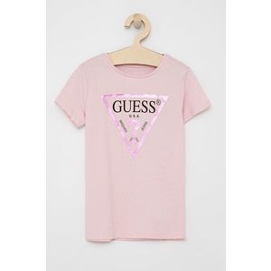 Detské bavlnené tričko Guess ružová farba vyobraziť