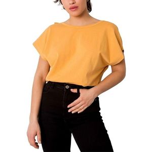 žlté dámske tričko s výstrihom na chrbte vyobraziť