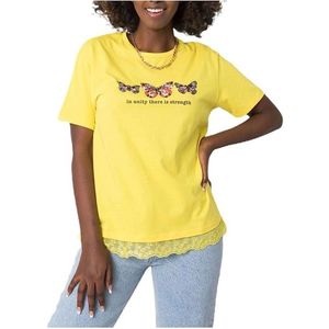 žlté dámske tričko s potlačou motýĺov vyobraziť